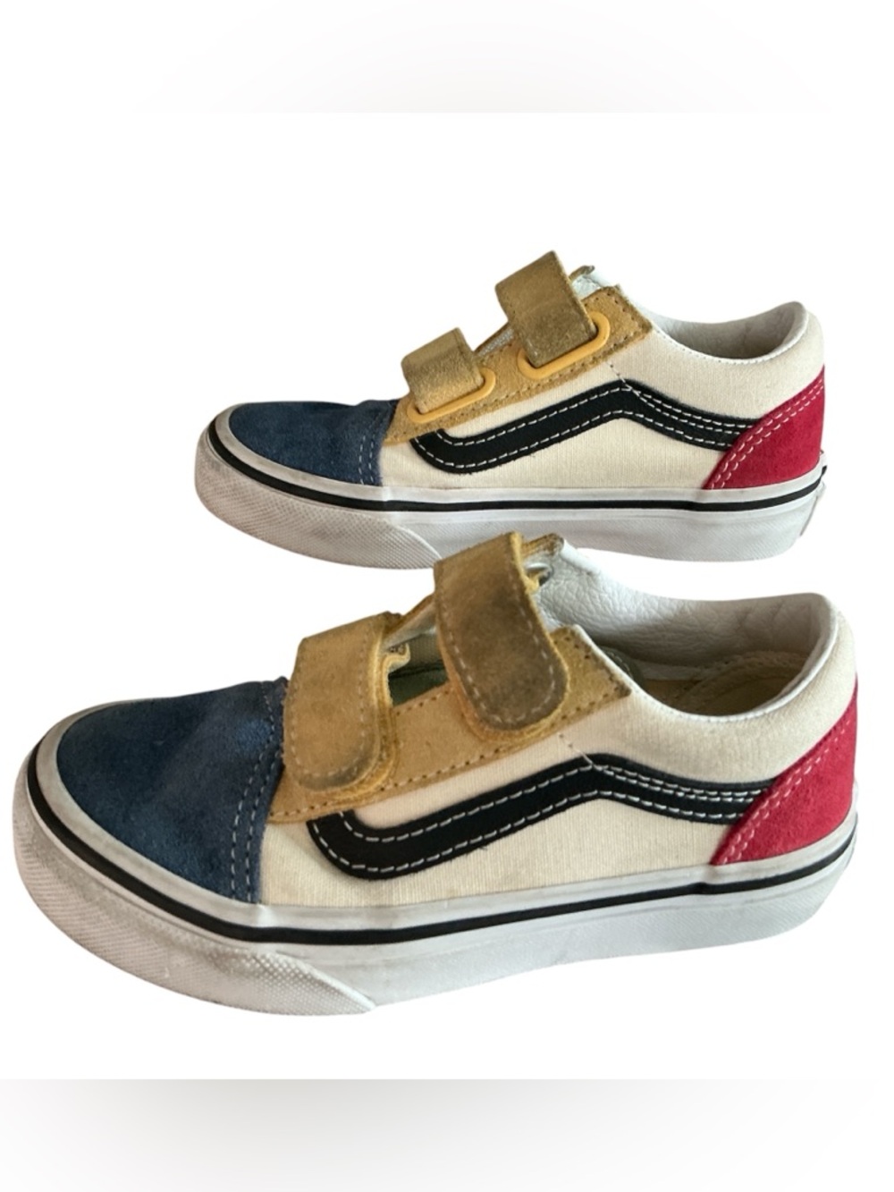 Vans Kids Old Skool V Color Block Skate Shoes Size 11 Velcro Red Blue Yellow